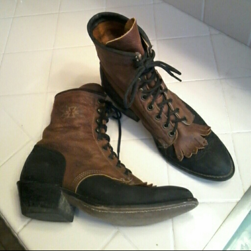 Lace up black brown cowboy boots
